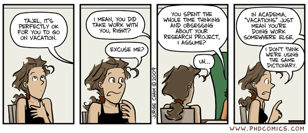 From the archive of "PhD Piled Higher and Deeper" comic.
Doctoral student Tajel speaking with her supervisor, who is being explicit about what is often implicit, the long hours fallacy writ large.
Text in comic panels:
Supervisor: Tajel, it's perfectly OK for you to go on vacation. I mean, you did take work with you, right?
Tajel: Excuse me?
Supervisor: You spent the whole time thinking and obsessing about your research project I assume?
Tajel: Uh...
Supervisor: In academia "vacations" just mean you're doing work somewhere else.
Tajel: I don't think we're using the same dictionary